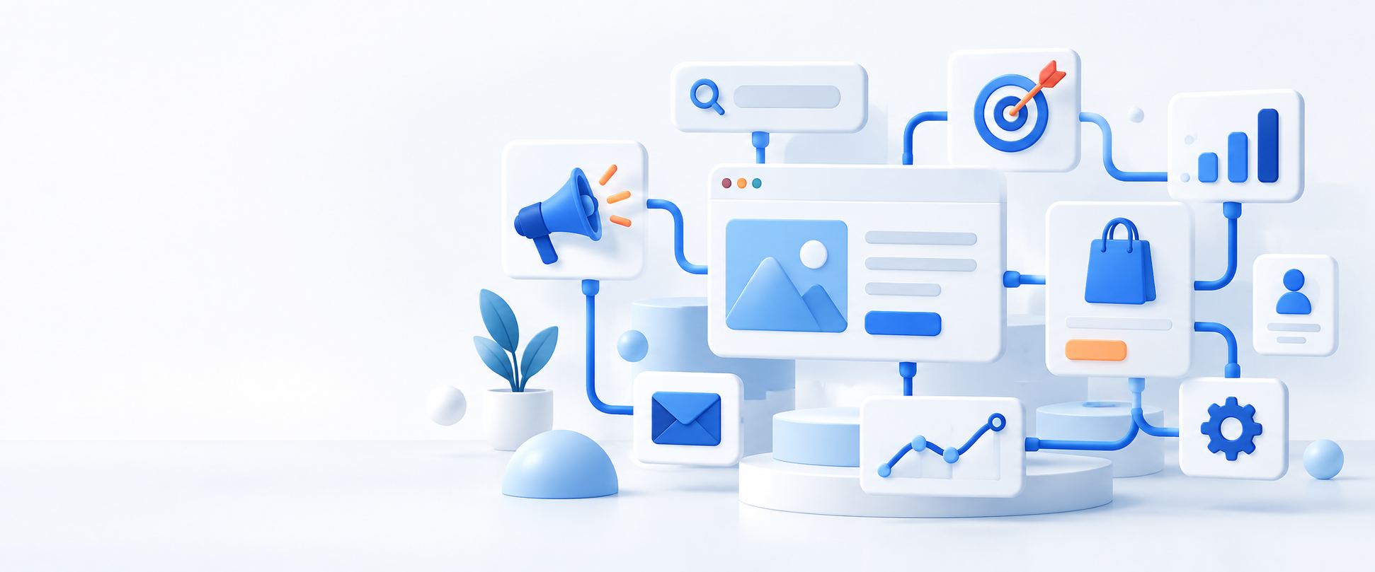 Abstract illustration of connected marketing channels, a website, commerce, search, email and analytics